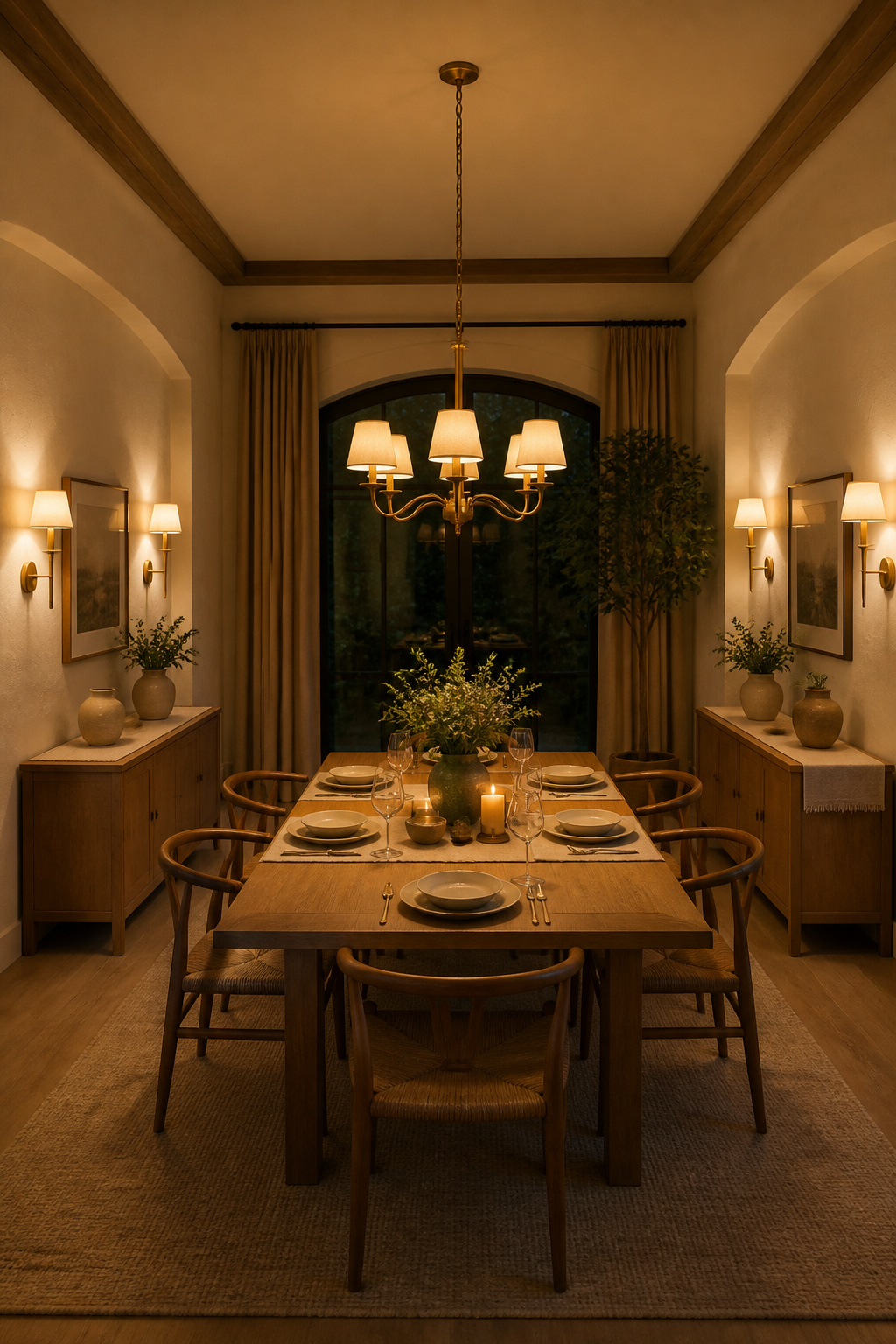 A central aged-brass chandelier paired with two pairs of wall sconces at 62 inches creates perfectly layered dining room lighting — the cross-lit depth eliminates harsh single-source shadows and transforms every dinner into an occasion.