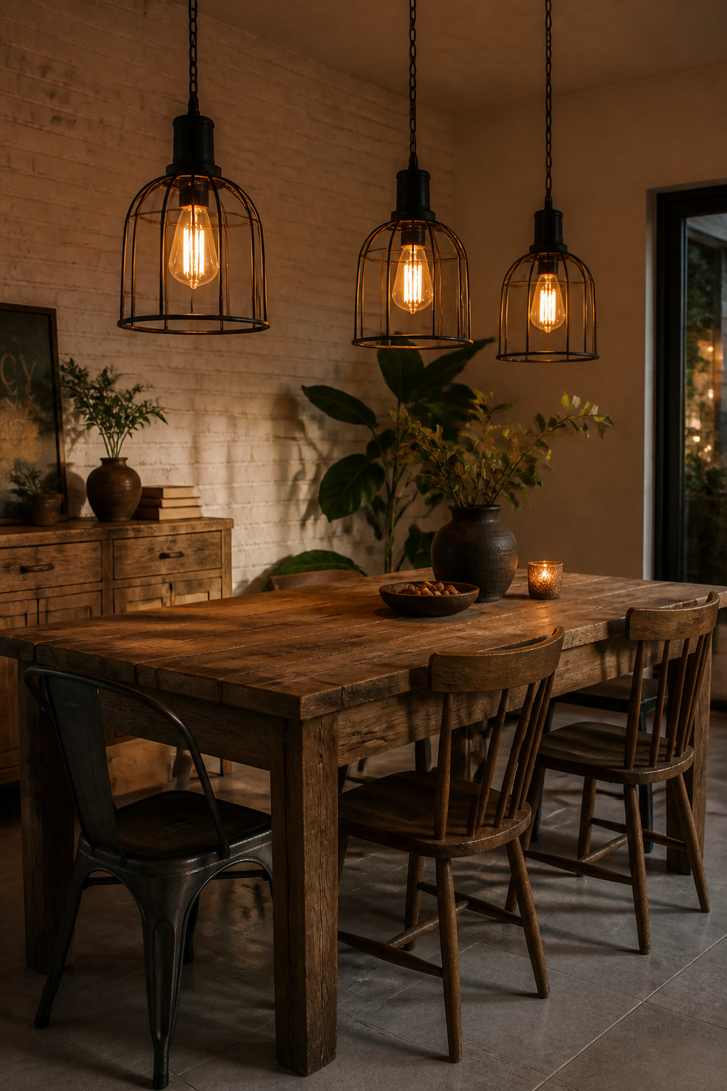 Raw matte-black iron cage pendants with 2200K Edison filament bulbs create an intimate industrial dining room atmosphere — the amber glow at 70% dimmer output is the difference between ambiance and a work-site.