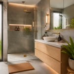A small bathroom where every decision — the floating vanity, frameless glass, floor-to-ceiling mirror, layered lighting, and biophilic accents — works together to create a room that feels restorative rather than cramped.