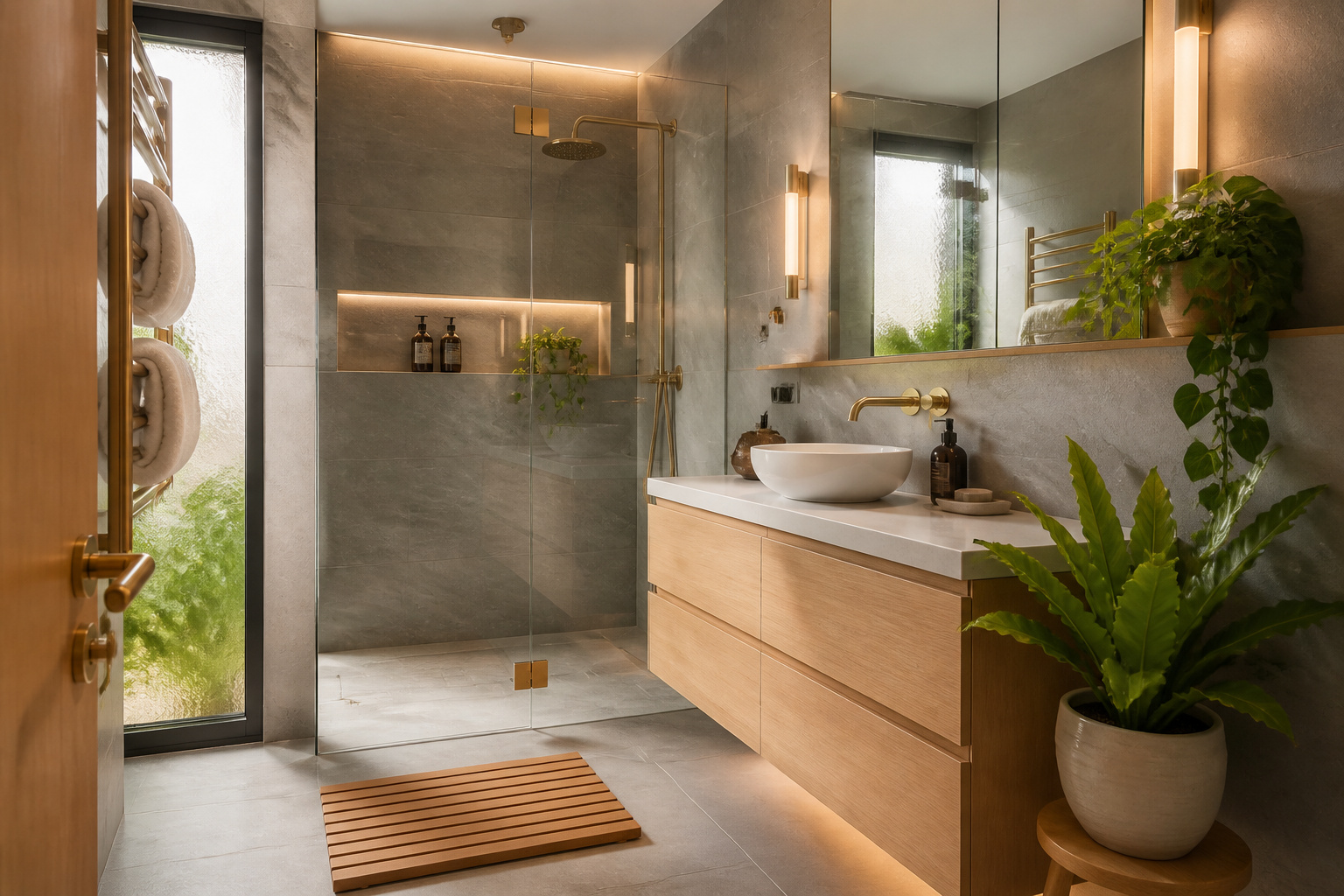 A small bathroom where every decision — the floating vanity, frameless glass, floor-to-ceiling mirror, layered lighting, and biophilic accents — works together to create a room that feels restorative rather than cramped.