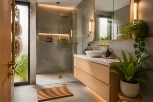 A small bathroom where every decision — the floating vanity, frameless glass, floor-to-ceiling mirror, layered lighting, and biophilic accents — works together to create a room that feels restorative rather than cramped.