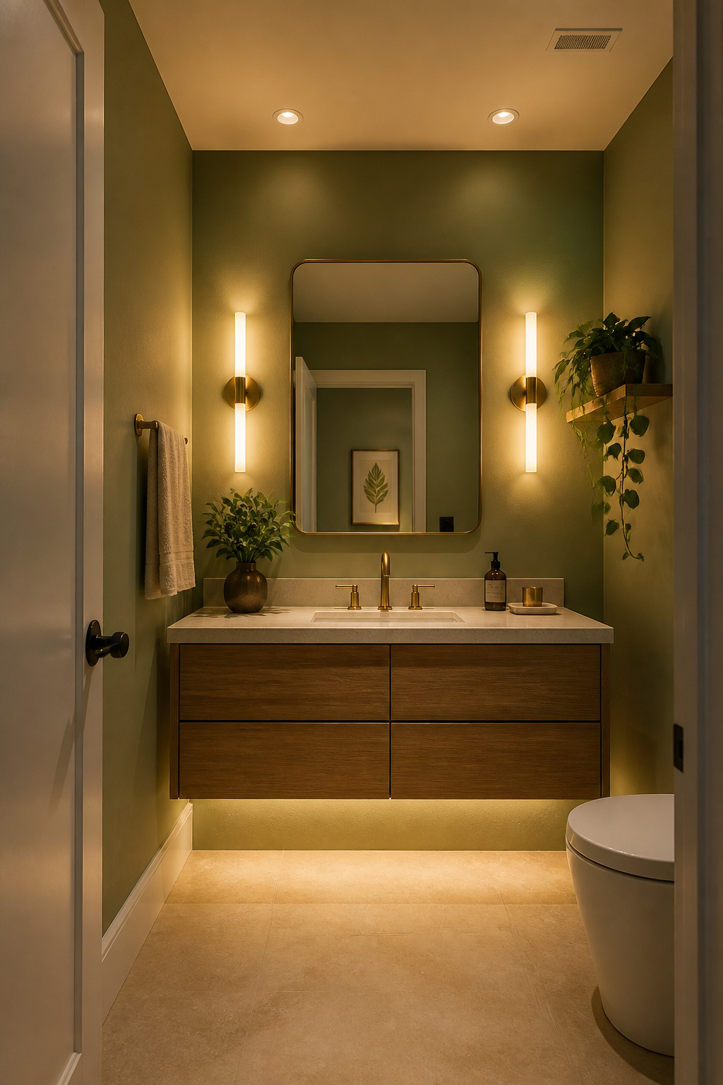 Three lighting layers — ambient ceiling, face-height task, and floor-level accent — transform the smallest bathroom, making this among the most sensory bathroom ideas for small bathrooms to implement.