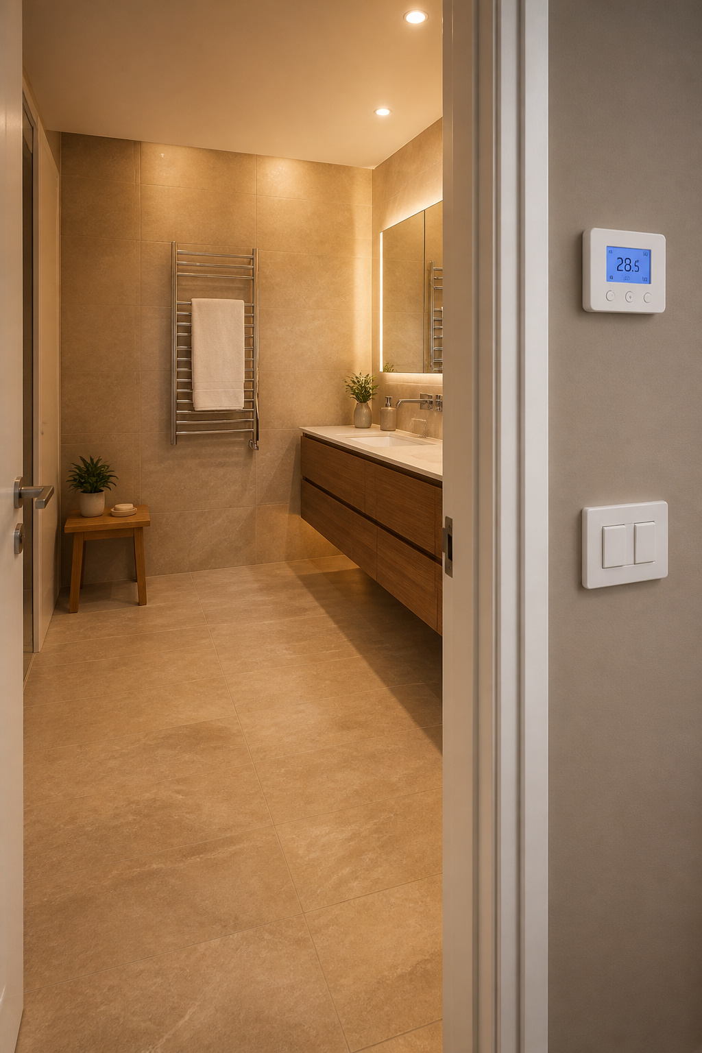Underfloor heating removes bath mats — eliminating a significant allergen trap — one of the healthiest bathroom ideas for small bathrooms for families with sensitivities.