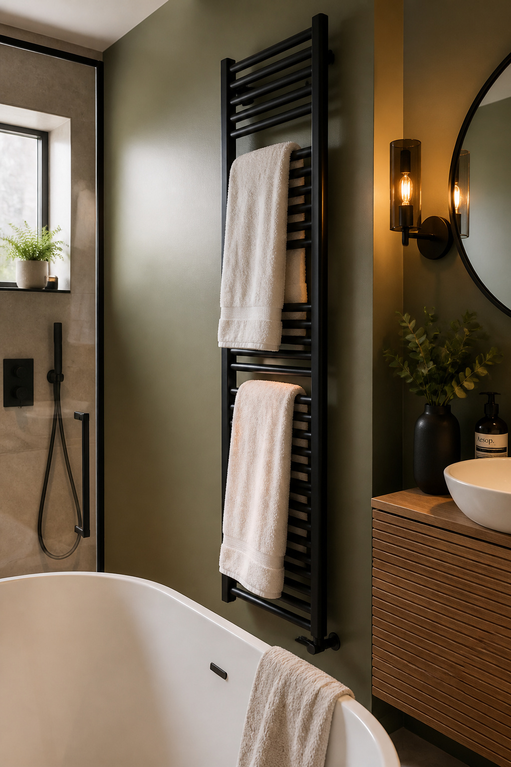 A heated towel rail consolidates room heating and towel drying into one wall unit — one of the most practically useful bathroom ideas for small bathrooms for reclaiming wall space and improving comfort.