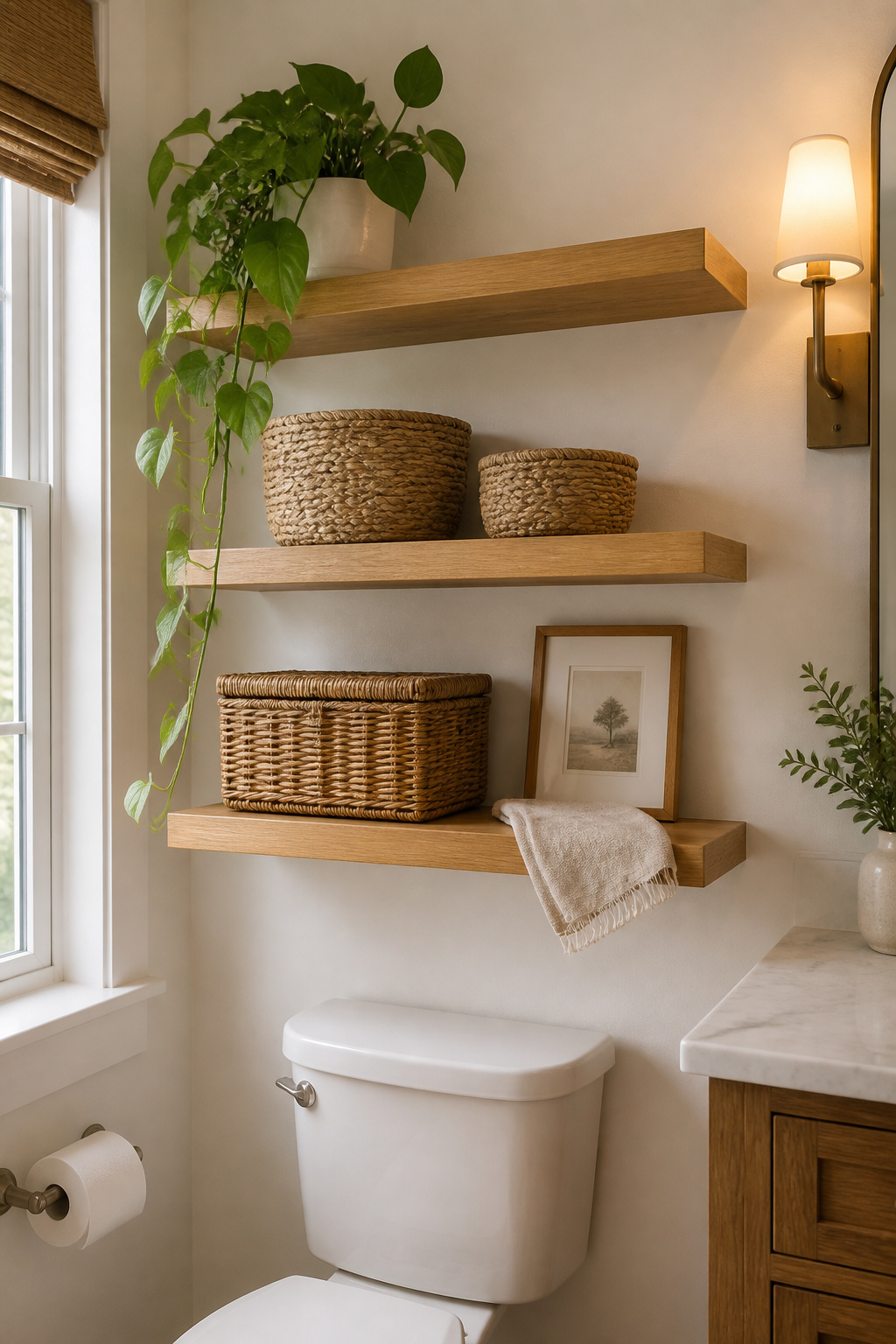 Open shelves with curated natural fibre baskets add warmth and organisation to a small bathroom — the key to making this bathroom idea for small bathrooms work is strict containment of every item on display.