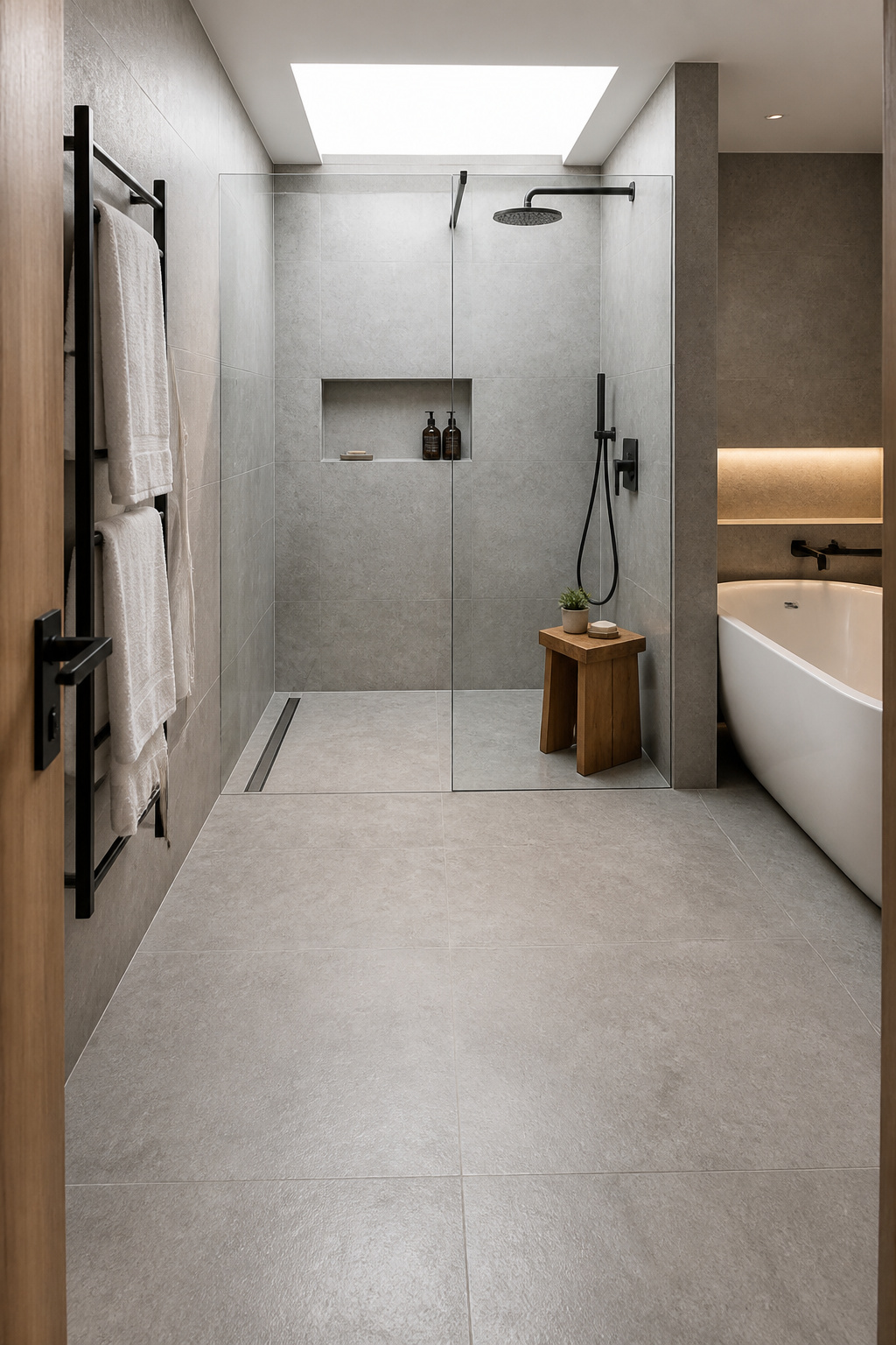 A wet room removes the tray, enclosure, and all associated hardware — making it one of the most spatially pure bathroom ideas for small bathrooms, particularly in long or narrow floor plans.