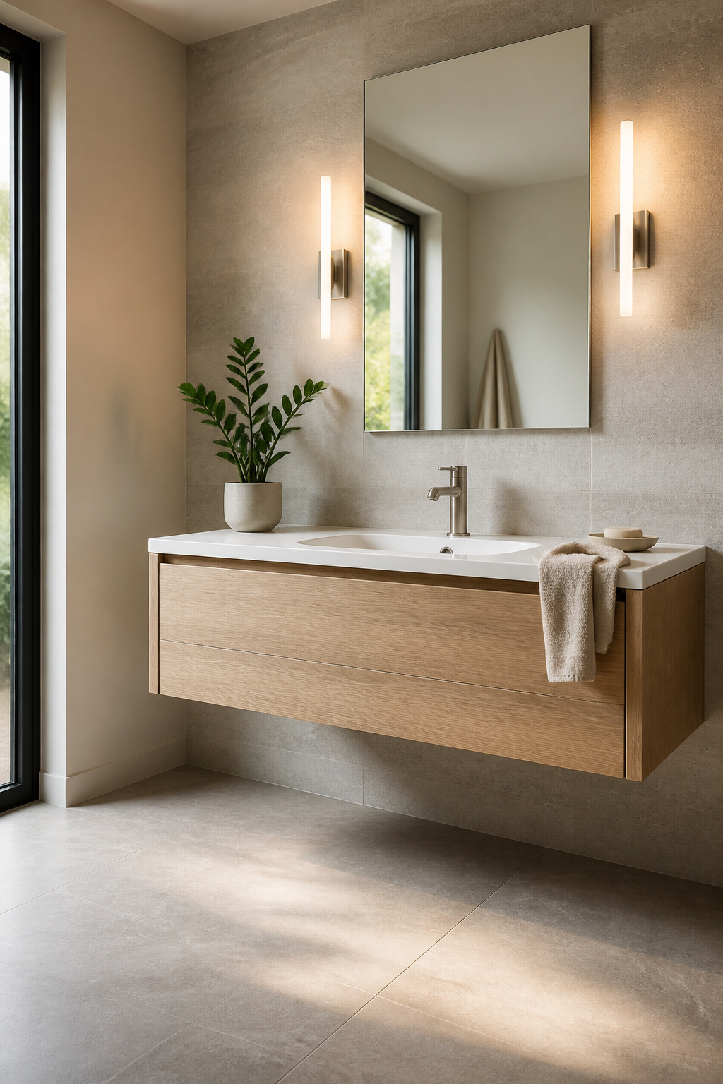 A wall-mounted floating vanity exposes the floor beneath, making even the smallest bathroom feel open and intentional — one of the most impactful bathroom ideas for small bathrooms available at any budget.
