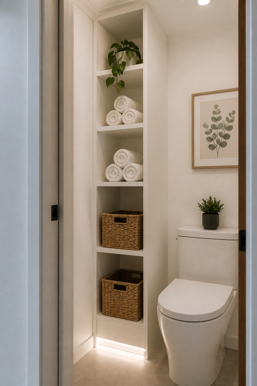 A slim vertical tower beside the toilet uses height rather than floor area — one of the easiest bathroom ideas for small bathrooms to implement without any structural work.
