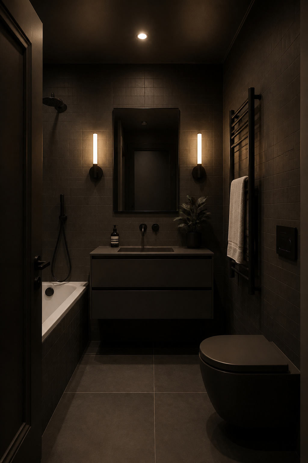 Carrying a single dark tone across every surface makes room boundaries disappear — one of the most counterintuitive and effective bathroom ideas for small bathrooms for those willing to commit to it.