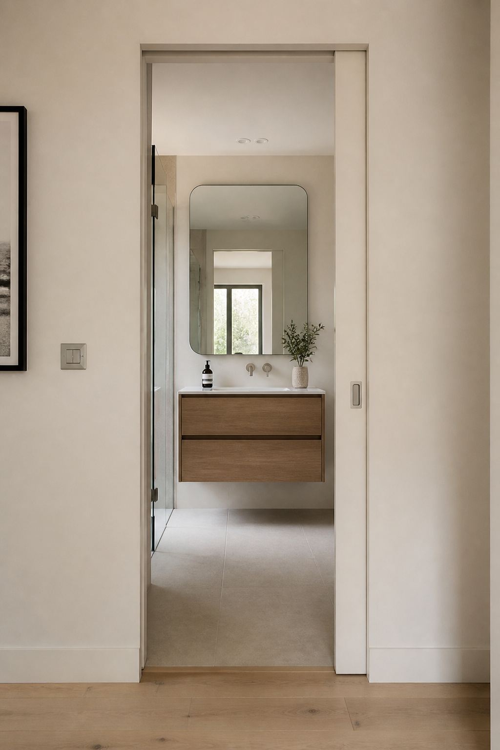 A pocket door recovers up to six square feet of otherwise wasted swing space — a practical and often overlooked choice among bathroom ideas for small bathrooms.