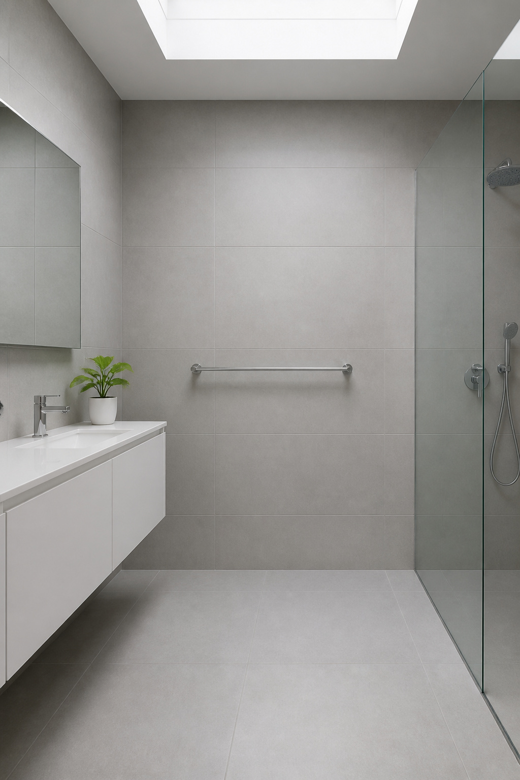 Large-format tiles with tight grout joints reduce visual interruptions across every surface — one of the more technically demanding but spatially powerful bathroom ideas for small bathrooms for those undergoing a full renovation.