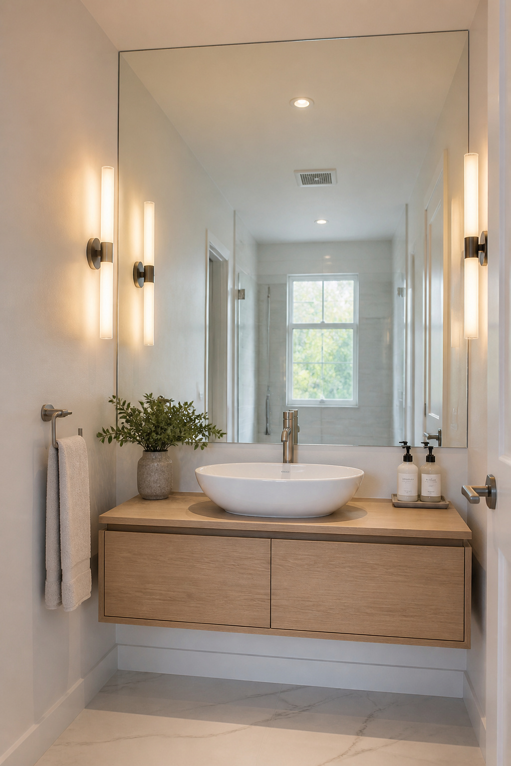 A floor-to-ceiling frameless mirror opposite a window is one of the most cost-effective bathroom ideas for small bathrooms — visually doubling the room's depth with a single installation.