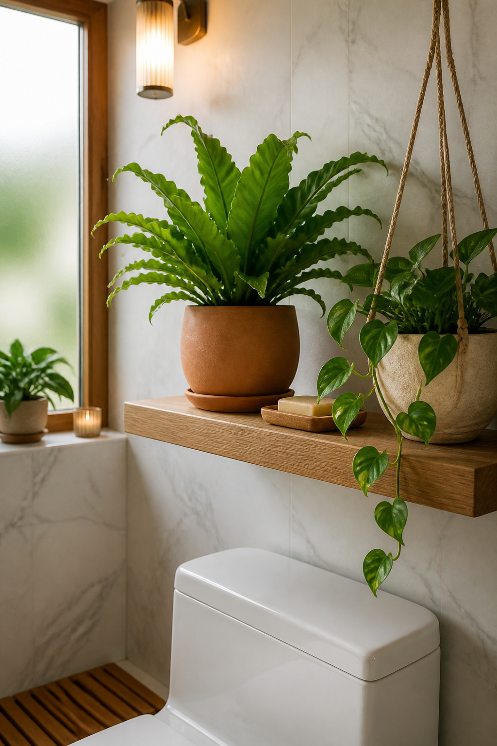 Humidity-tolerant plants and natural materials like teak and stone reduce cortisol and transform the experience of a small bathroom — biophilic accents are among the most wellness-aligned bathroom ideas for small bathrooms.