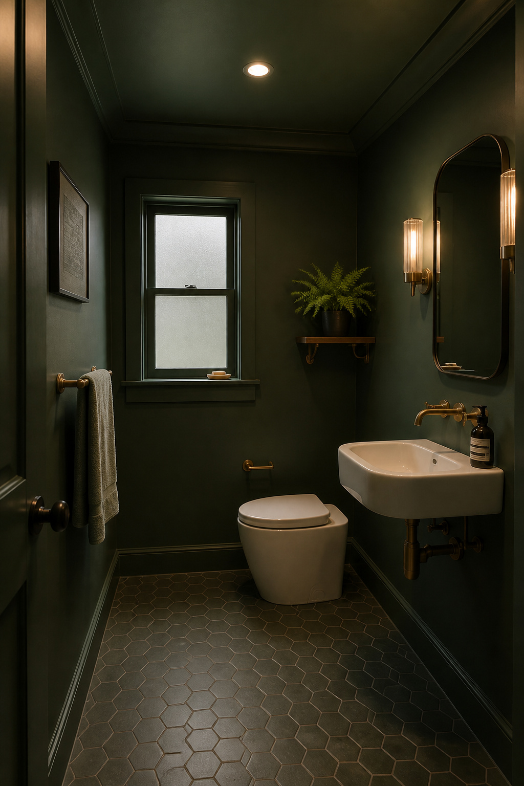Deep, low-VOC colour applied wall-to-ceiling creates a room that reads as larger — one of the most counterintuitive and effective bathroom ideas for small bathrooms to transform the spatial experience.