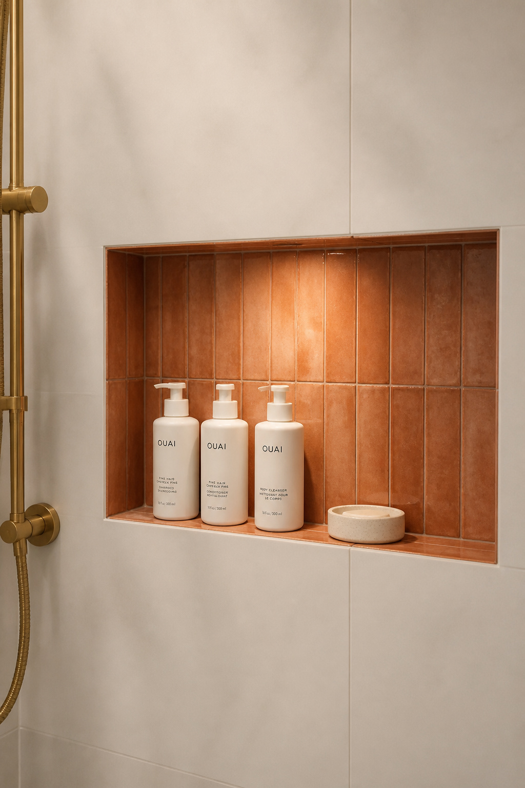 Built directly into the stud bay, a recessed niche is one of the most practical bathroom ideas for small bathrooms — permanently waterproofed, easy to clean, and flush with the wall.