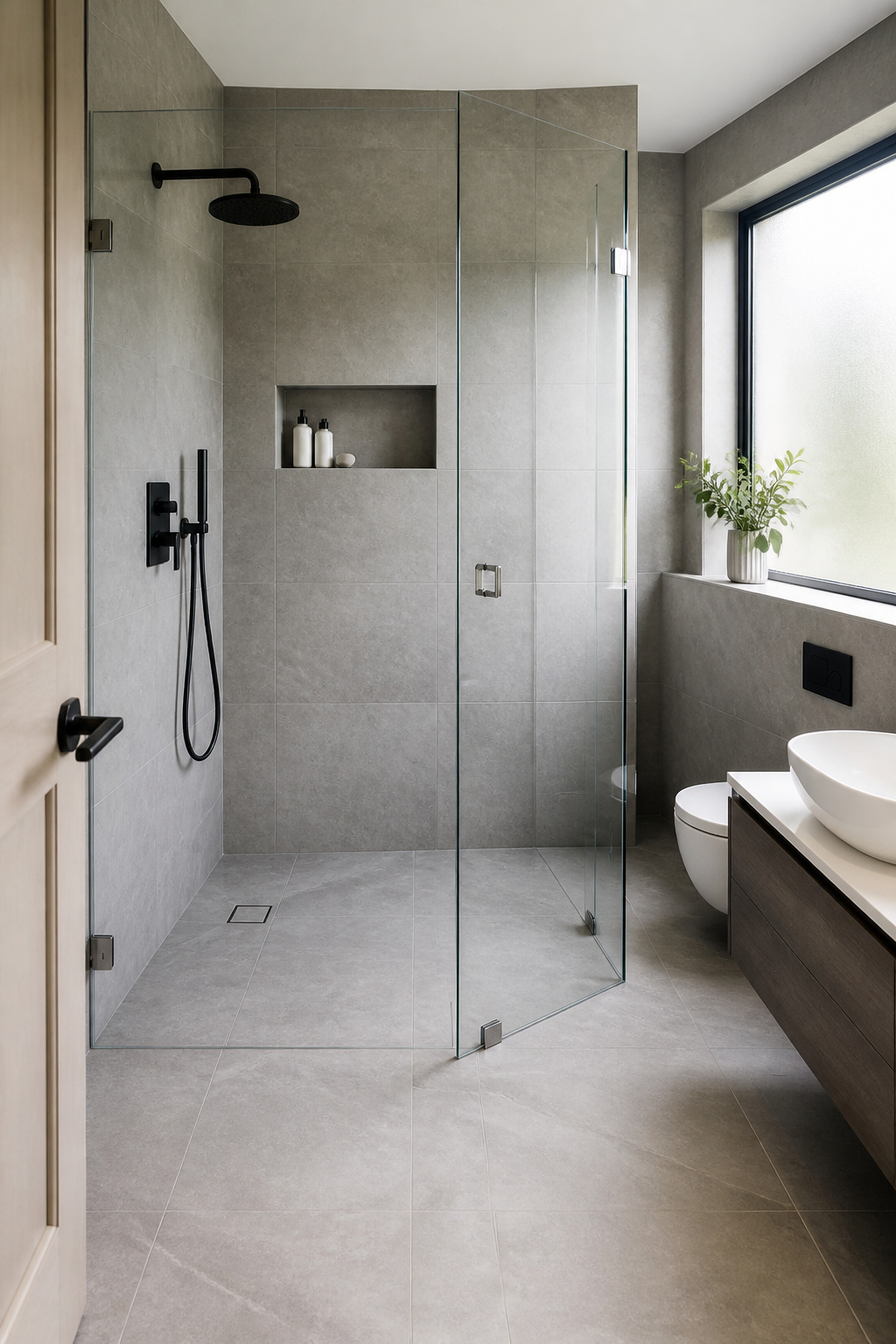 A frameless glass shower enclosure dissolves the visual boundary between shower and bathroom — one of the most space-expanding bathroom ideas for small bathrooms at mid-to-premium budgets.
