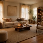 Every cozy living room decor element in one frame — boucle sofa, layered textiles, warm 2700K lighting, natural materials, and a correctly-sized rug that anchors the whole arrangement.