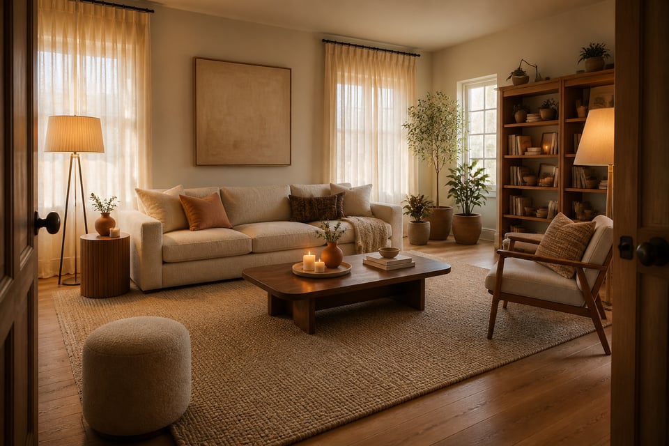 Every cozy living room decor element in one frame — boucle sofa, layered textiles, warm 2700K lighting, natural materials, and a correctly-sized rug that anchors the whole arrangement.