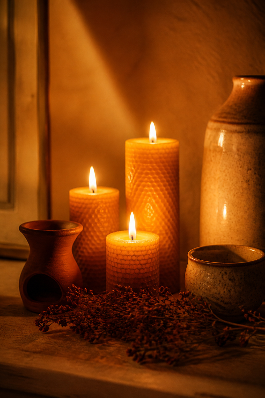 Beeswax candles in amber and cedarwood scents, paired with a ceramic oil diffuser, layer warm resinous fragrance notes that activate comfort responses before anyone has consciously noticed the scent.