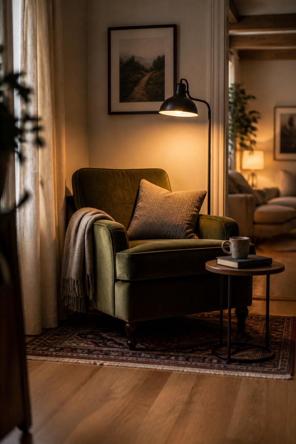 A diagonal armchair placement, a separate accent rug, and a floor lamp at shoulder height are all it takes to create a psychologically defined reading nook from an empty corner.