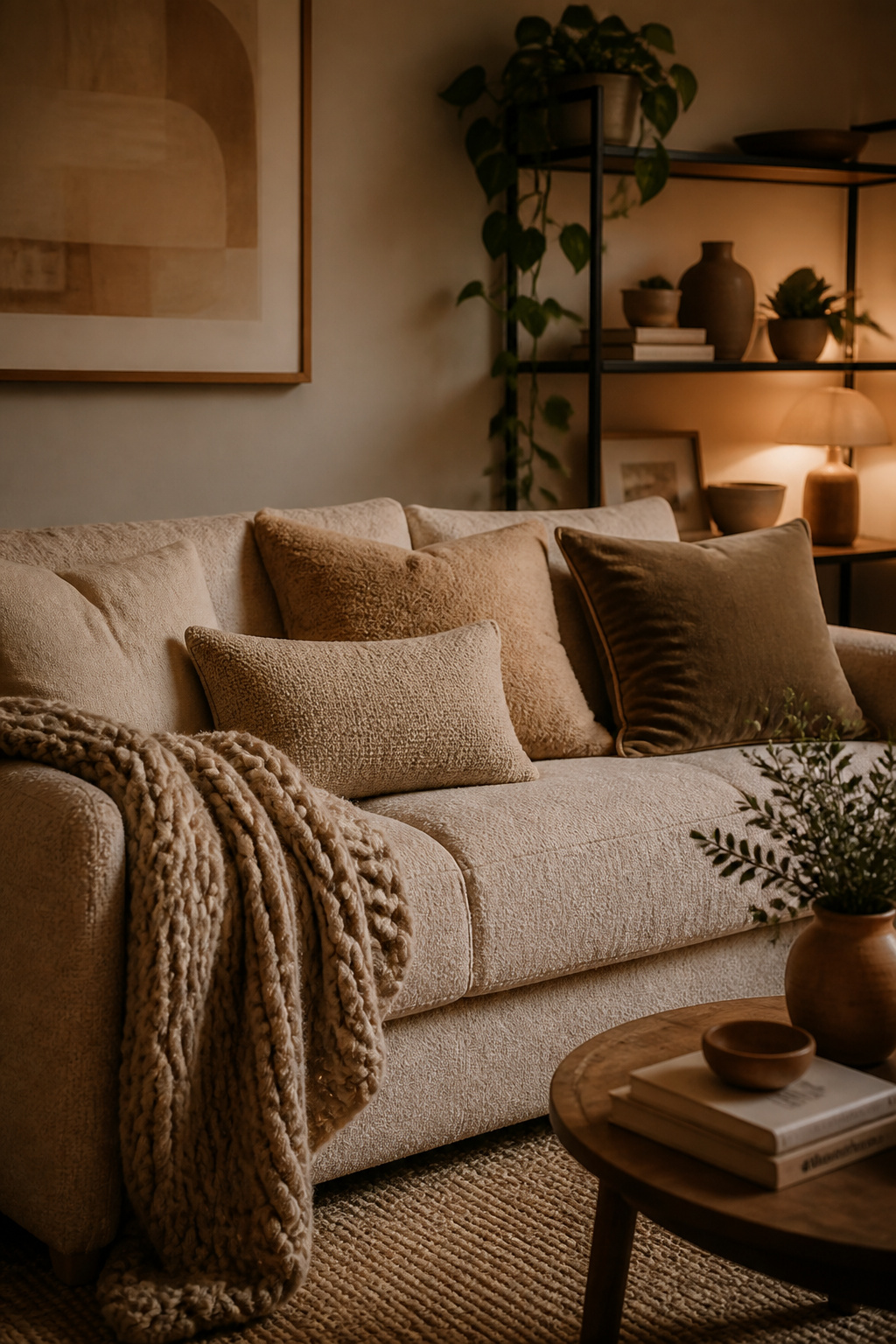 Layered textures — boucle cushions, knit throws, and linen pillows — create the tactile warmth that makes a sofa genuinely inviting rather than just visually styled.