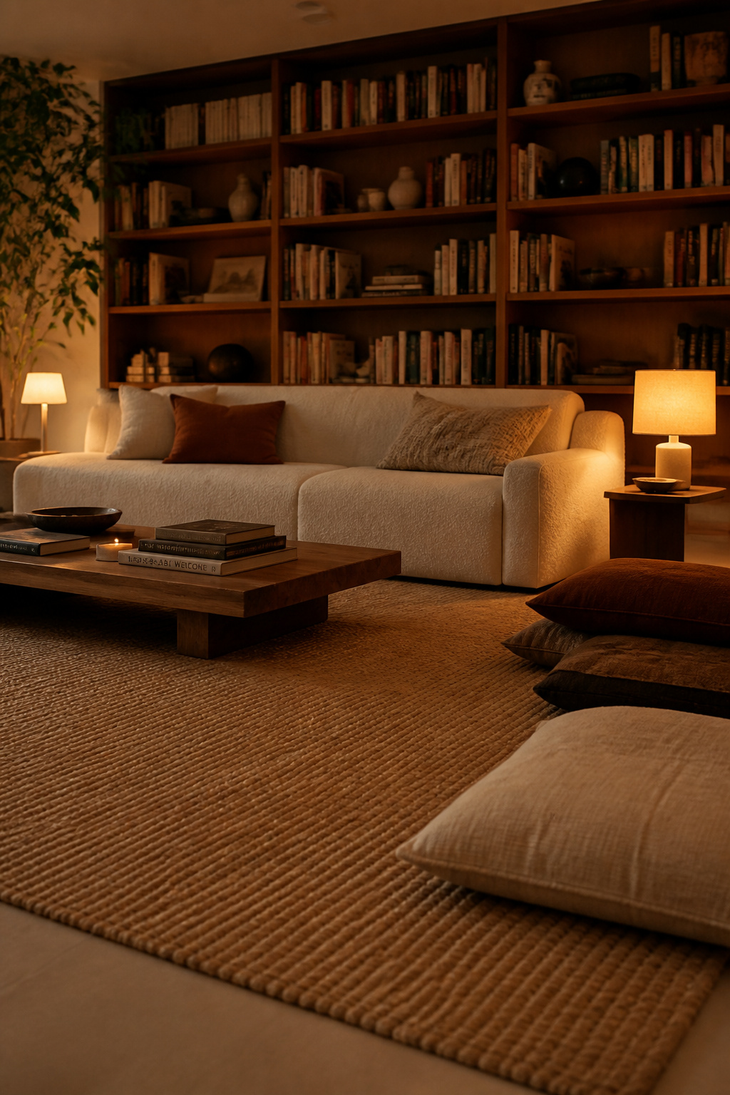 A sofa at 16-inch seat height and a coffee table at 15 inches lower the room's visual centre of gravity — the same effect that makes a low horizon line in a landscape feel calm rather than alerting.