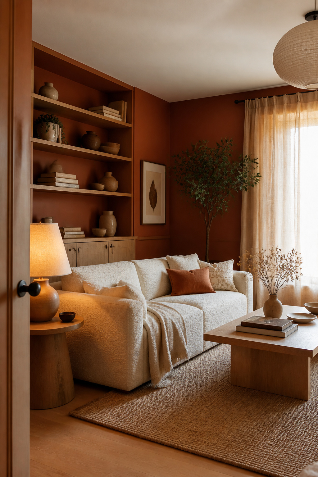 A muted terracotta wall — Benjamin Moore Terra Bella is the reference — creates the enveloping warmth that cool greige and off-white walls simply cannot deliver in north-facing rooms.