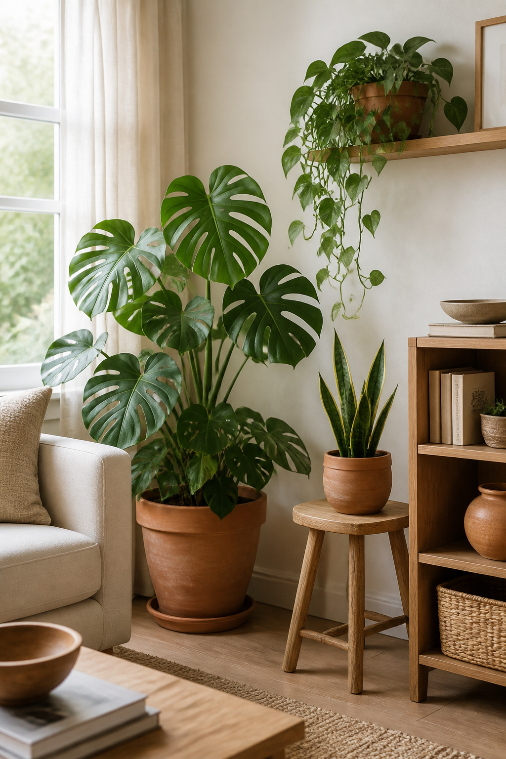 Three plants at three different heights — floor, shelf, and table — create an indoor garden arrangement that feels immersive rather than decorative.