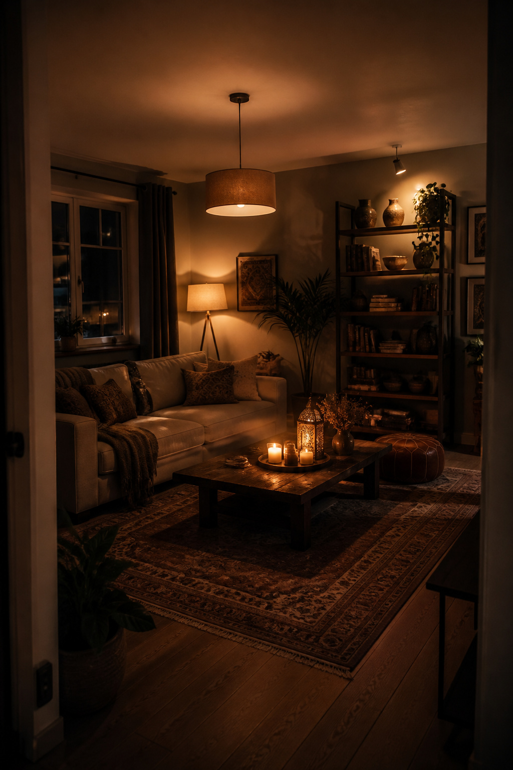 All four lighting layers working simultaneously — ambient (dimmed ceiling), task (floor lamp), accent (shelf spot), and decorative (candles, lantern) — build an evening atmosphere that a single overhead pendant simply cannot produce.
