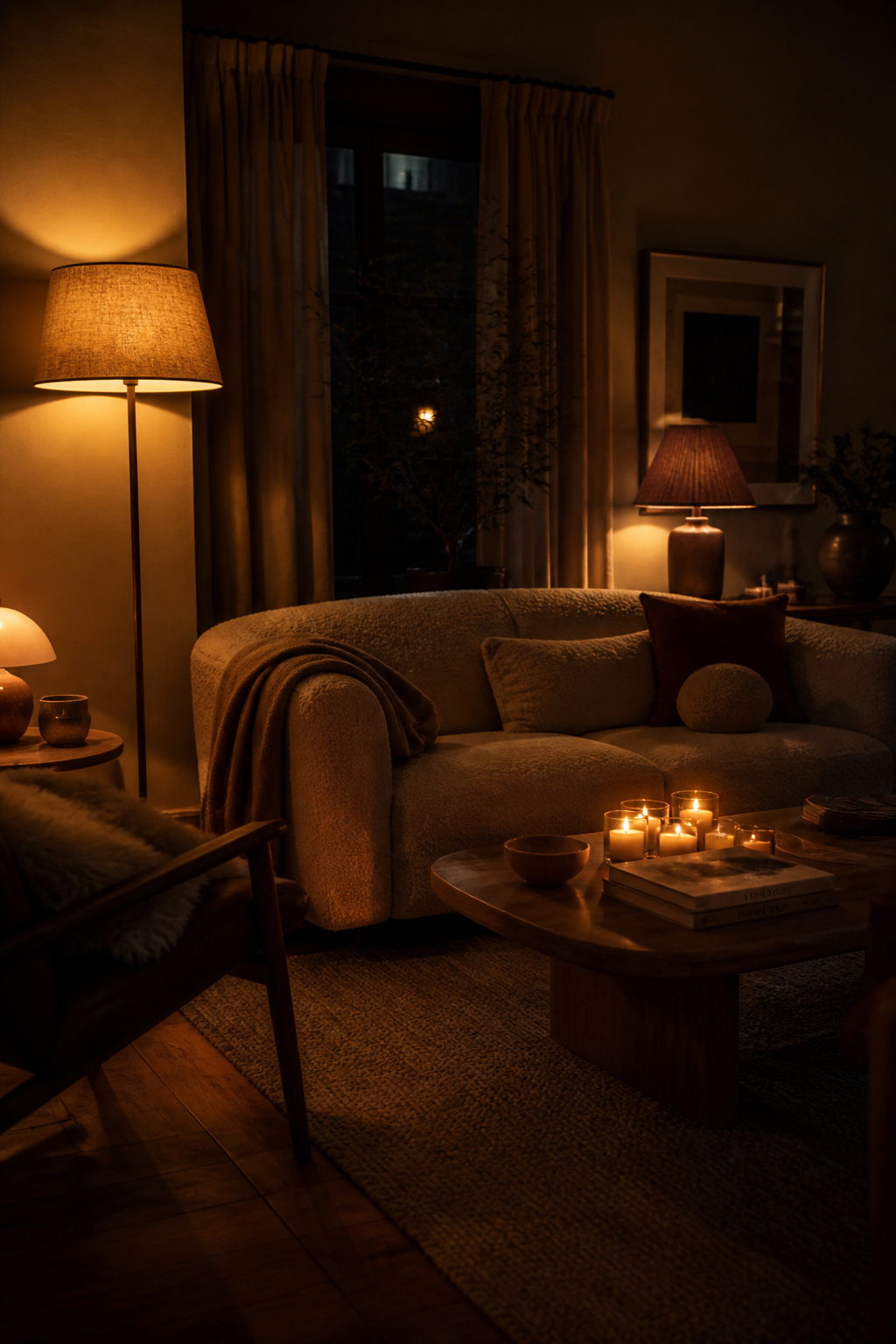 Three layers of warm 2700K light — floor lamp, table lamps, and candles — build the evening atmosphere that a single overhead pendant never achieves.