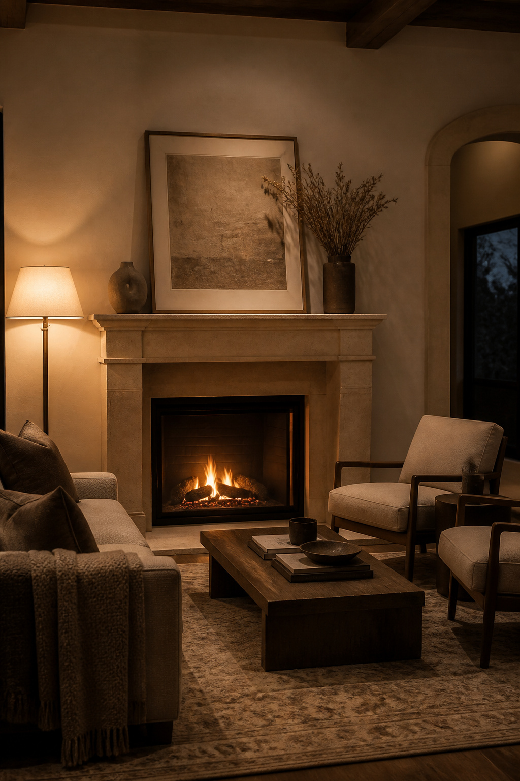 A styled mantle with one artwork, one significant ceramic, and a botanical element does more visual work than a crowded arrangement — the restraint lets each piece register.