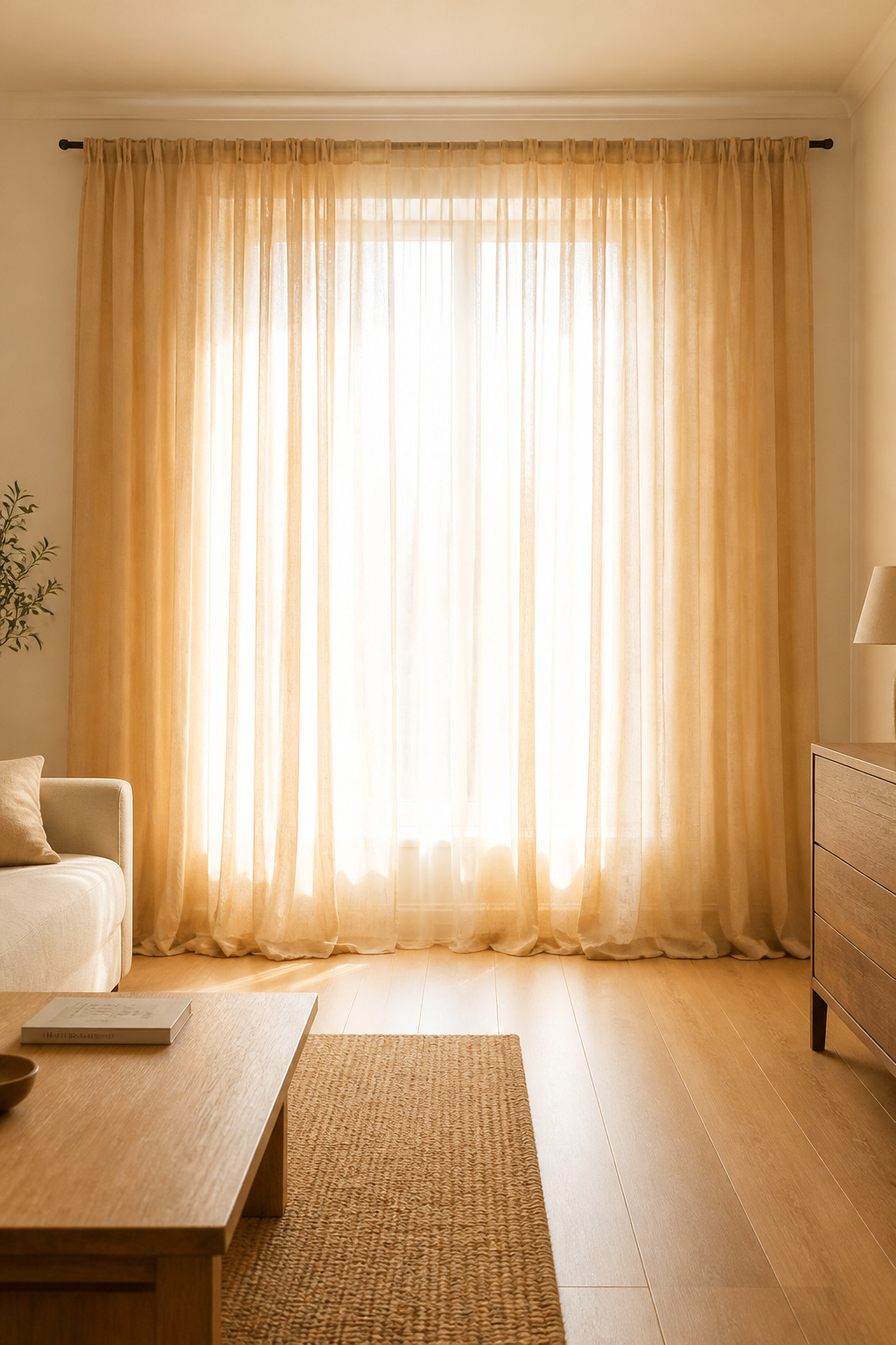 Linen curtains mounted at ceiling height and extended 10 inches beyond the window frame on each side make a modest window read as a full architectural feature — and a room feel significantly taller.
