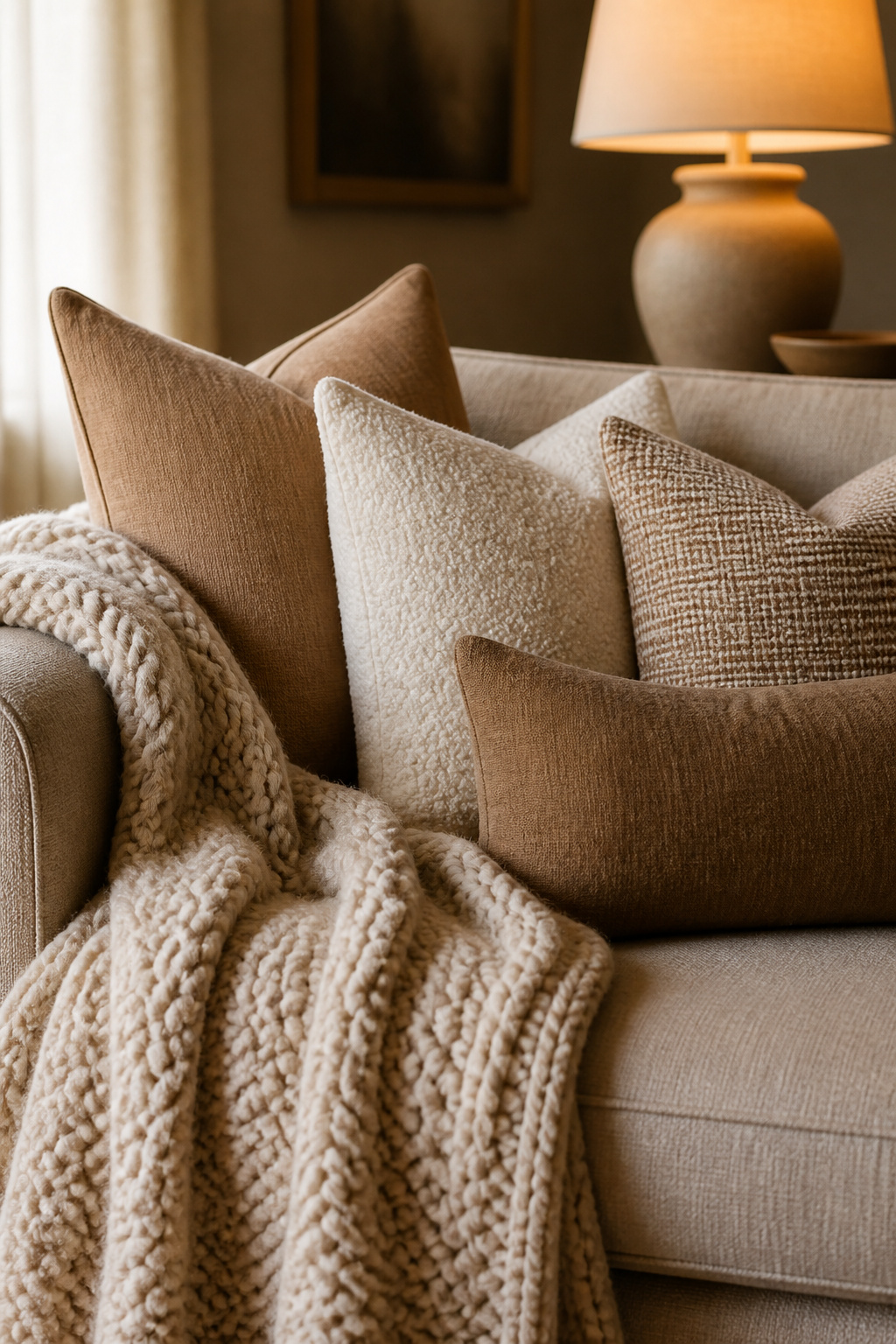 Five cushions in three different fabric types — boucle, linen, and woven pattern — plus a weighted knit throw create the kind of layered warmth that a matching cushion set simply cannot.