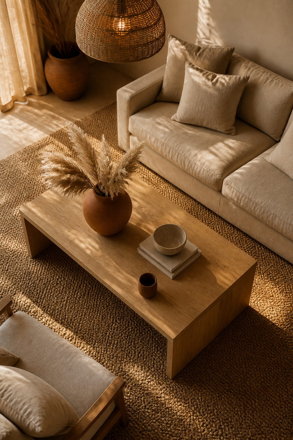 A white oak coffee table, rattan pendant, linen cushions, and terracotta ceramics build a biophilic arrangement that reduces cortisol before you've consciously registered a single design choice.