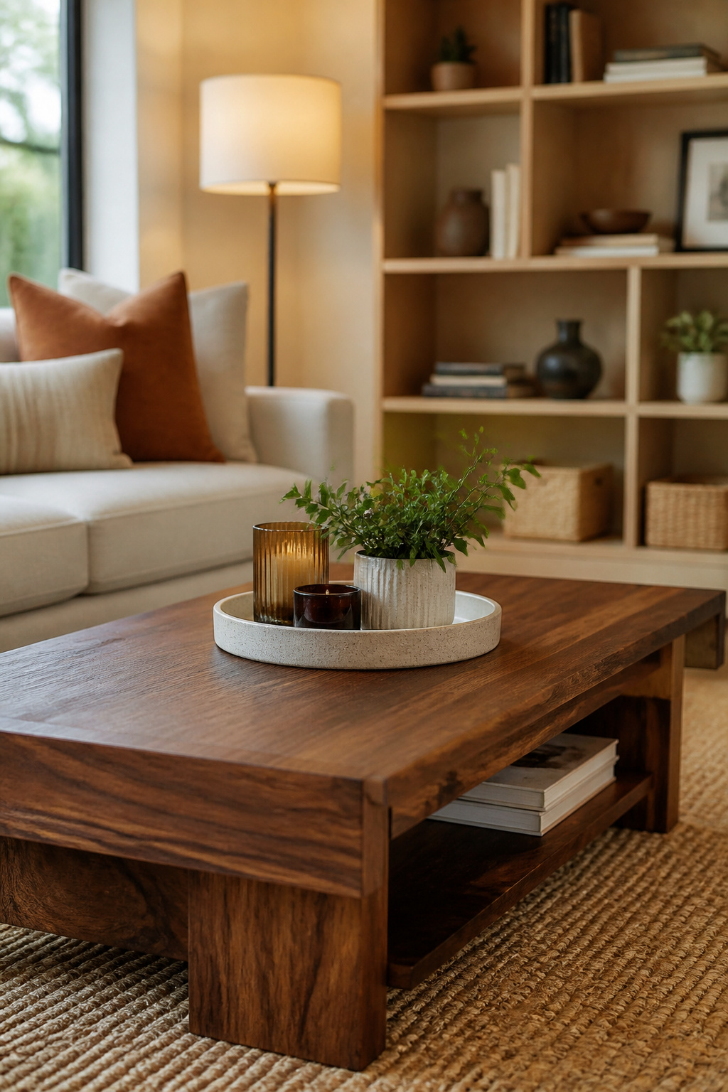 Walnut's warm chocolate grain as the accent foreground piece, white oak as the background tone — a pairing that works because both share warm undertones, even though their tones differ significantly.