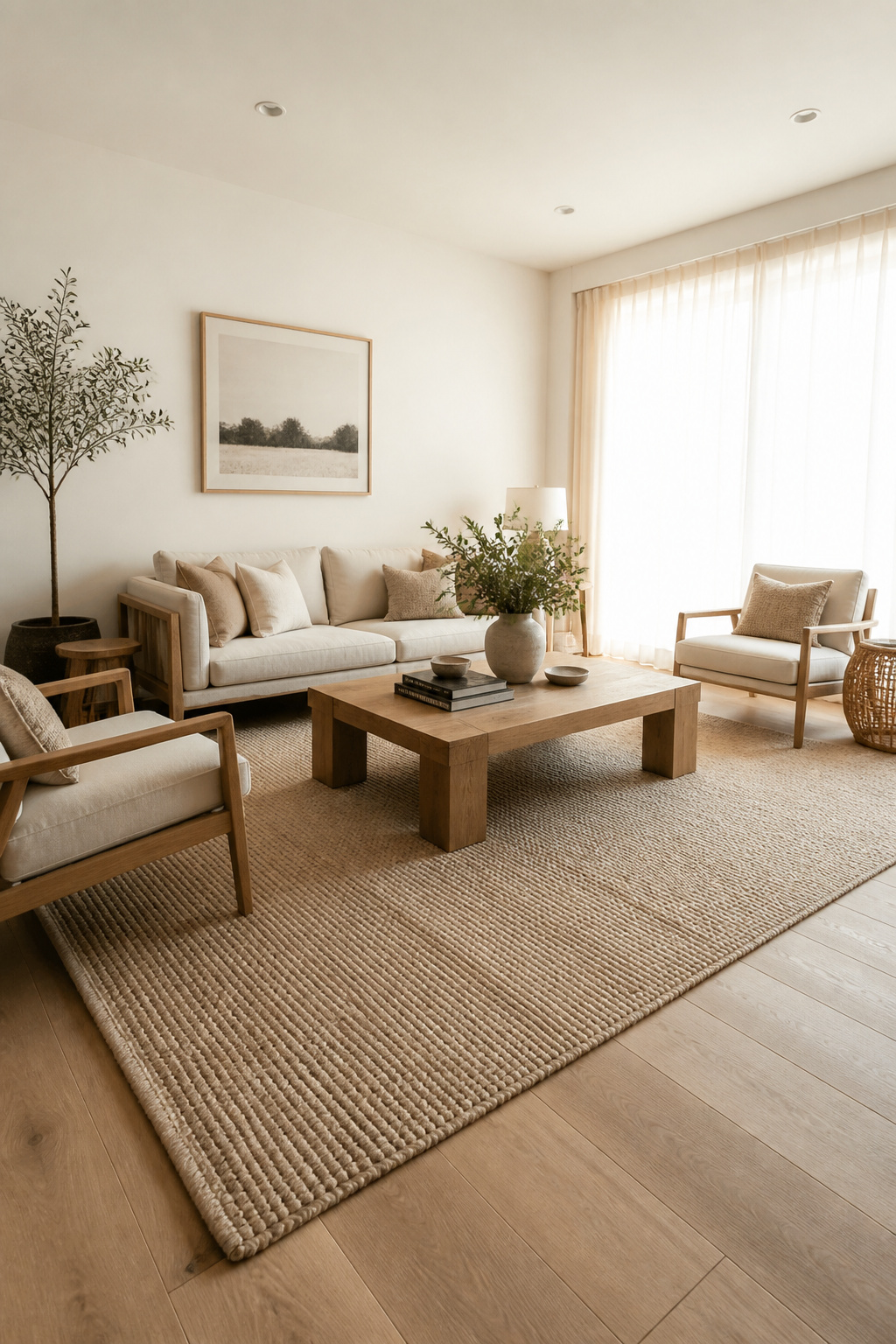 A correctly-sized rug — large enough for the front legs of every seating piece to rest on it — anchors the furniture group and makes the entire room feel grounded and intentional.