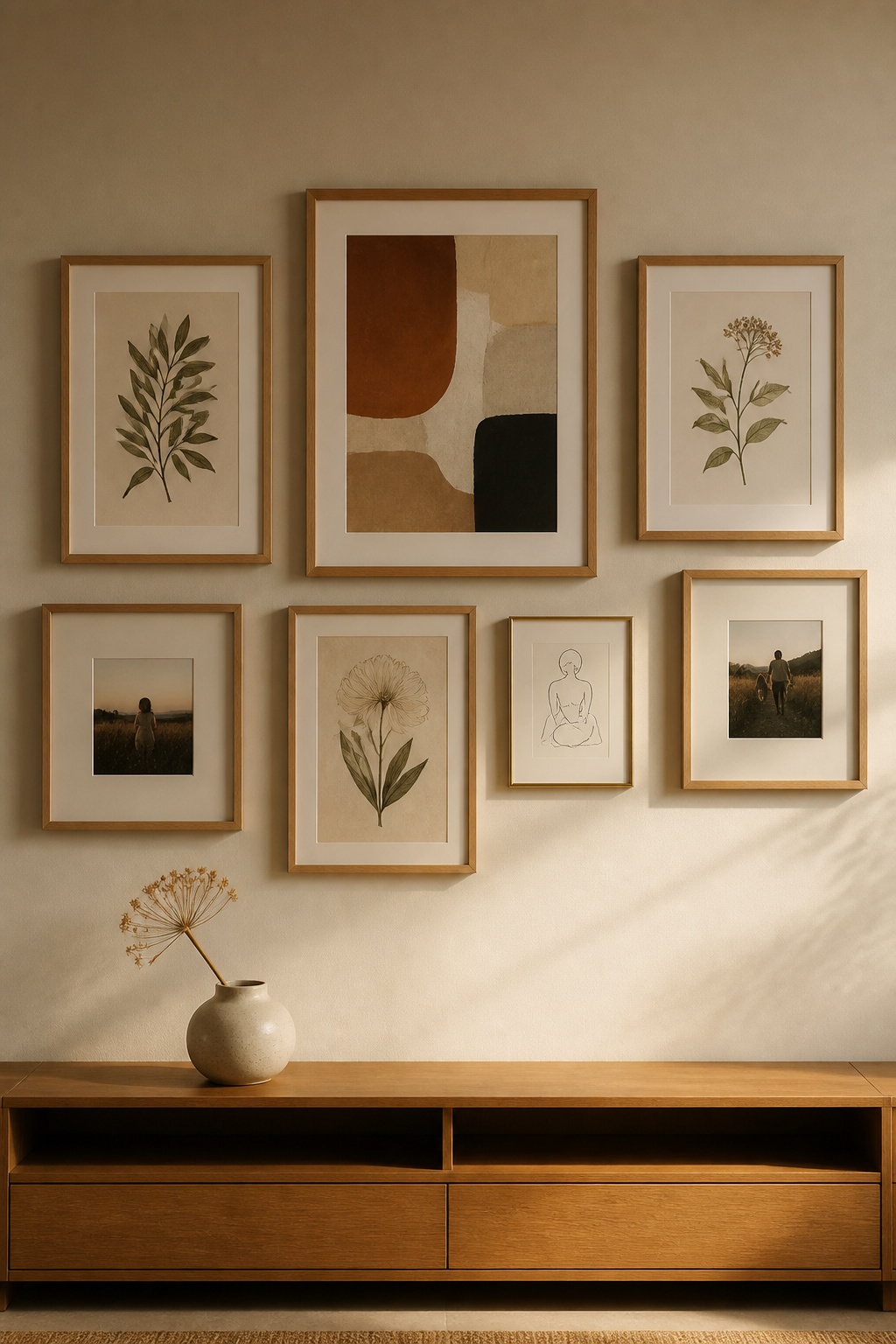 Consistent 2–3 inch spacing, warm wood and linen frames, and a mix of personally meaningful pieces — botanical prints, hand-drawn illustrations, personal photographs — create a gallery wall that reads as curated rather than collected in a single afternoon.