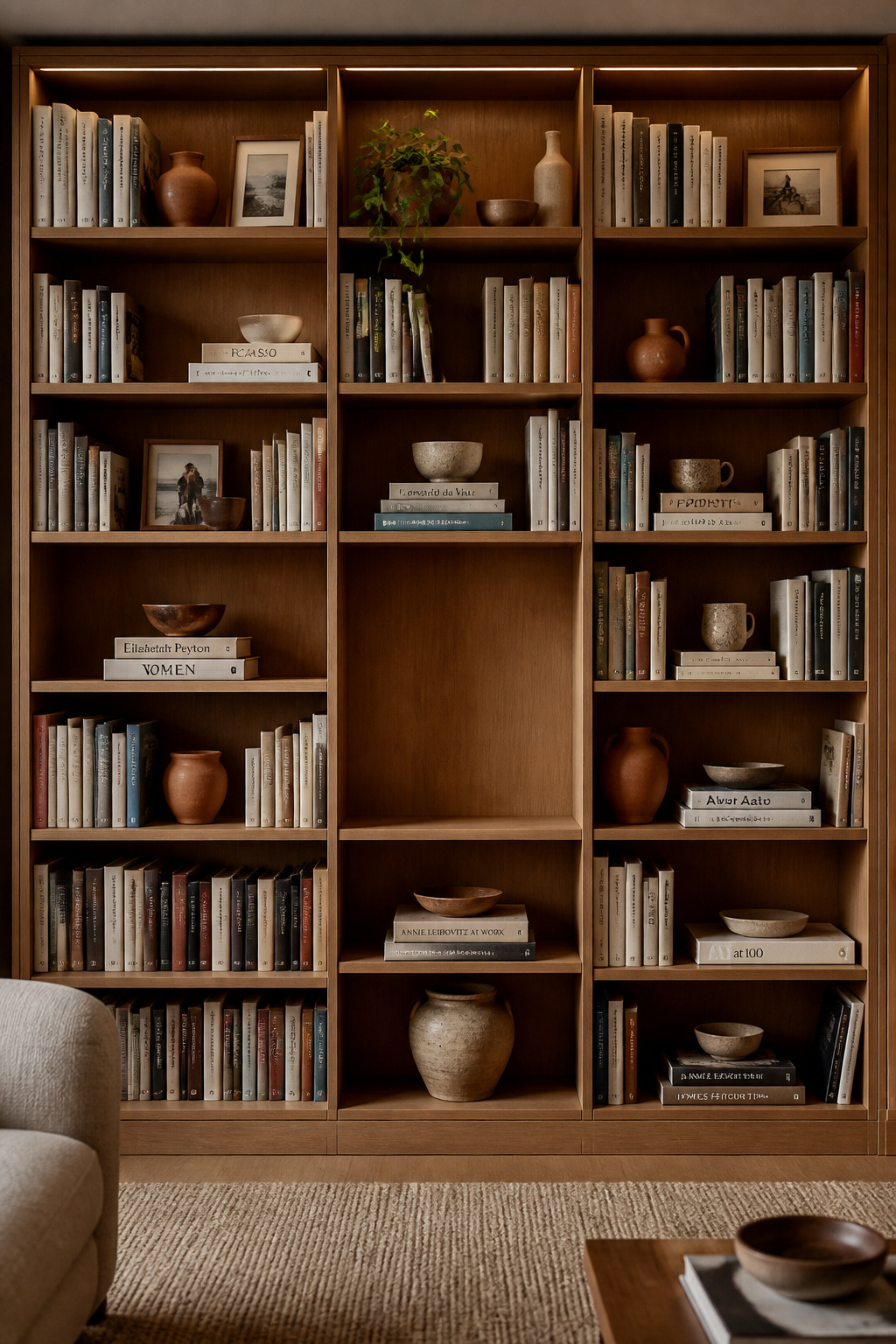 The alternating method — vertical rows, horizontal stacks used as platforms, and deliberate open sections — makes a bookshelf feel accumulated rather than styled.
