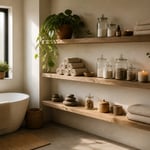 A beautifully styled bathroom with floating shelves featuring organic linen, trailing pothos, apothecary jars, and dried eucalyptus — a masterclass in calm, intentional bathroom shelf decor.