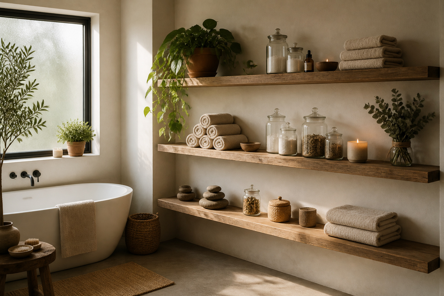 A beautifully styled bathroom with floating shelves featuring organic linen, trailing pothos, apothecary jars, and dried eucalyptus — a masterclass in calm, intentional bathroom shelf decor.