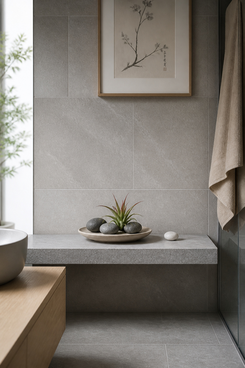 A Zen-inspired bathroom shelf vignette using grey basalt river stones and a vibrant Tillandsia ionantha air plant — bathroom shelf decor that grounds the space with living and earthy elements.