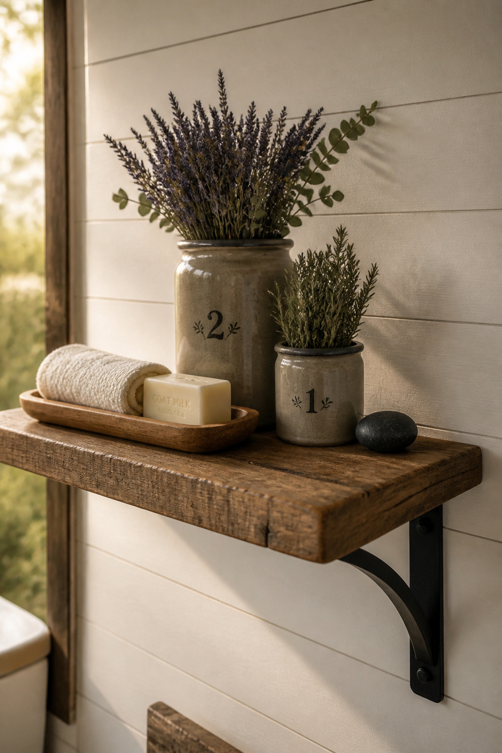 A reclaimed oak shelf with matte black ironwork brackets, salt-glazed stoneware crocks, and dried botanicals — farmhouse bathroom shelf decor that champions natural materials and timeless craft.