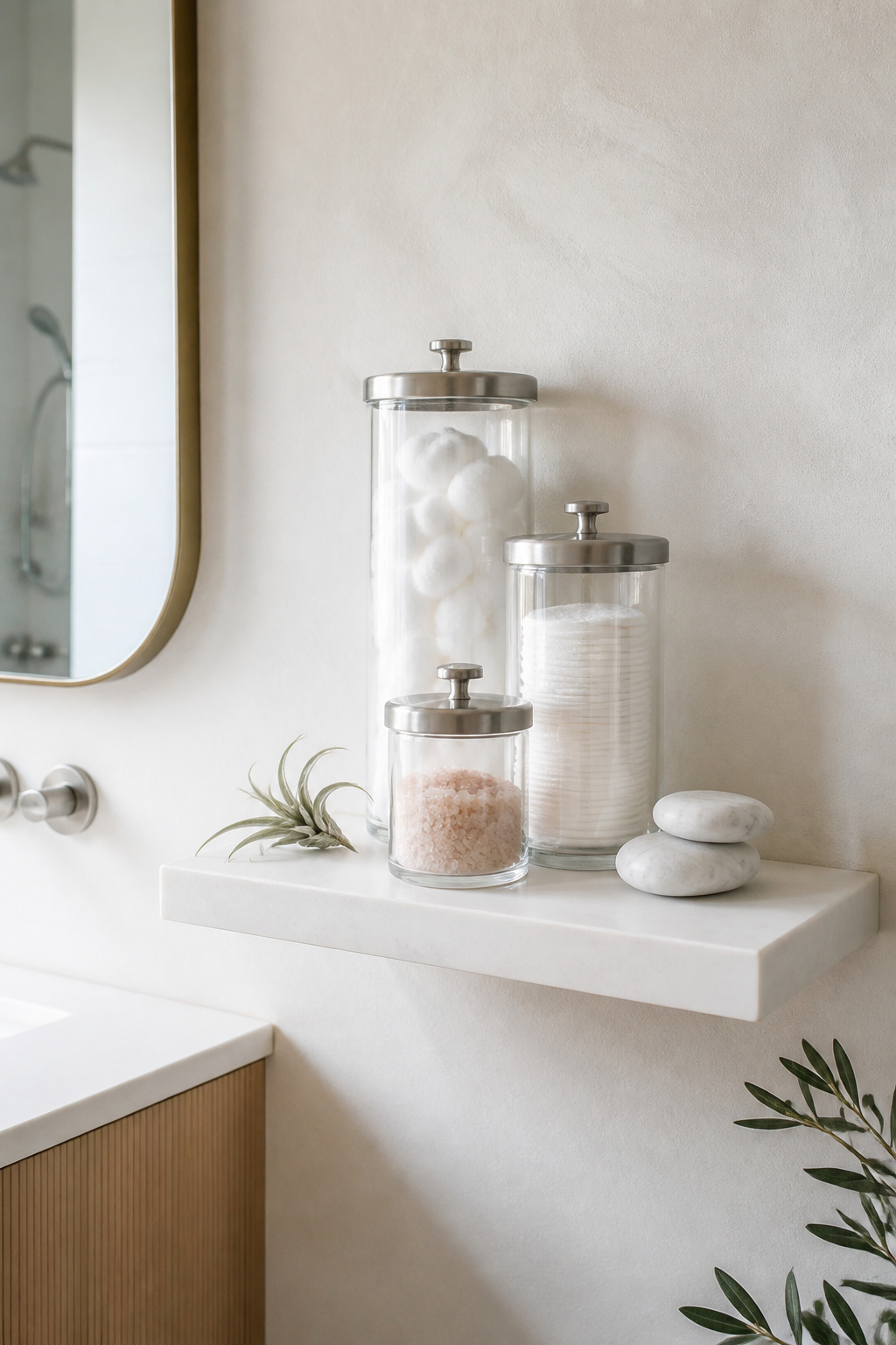 Three glass apothecary jars in graduated heights storing cotton rounds, bath salts, and everyday essentials — a beautifully organised and BPA-free approach to bathroom shelf decor.