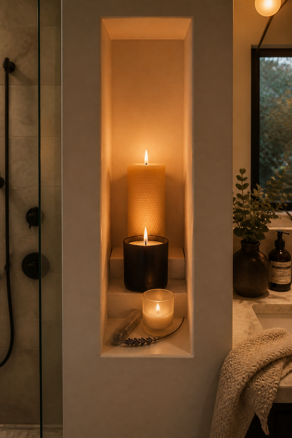 A built-in bathroom niche styled with a layered candle vignette — beeswax pillar, soy jar, and frosted votive — creating a genuinely spa-like warmth that also supports healthy indoor air quality.