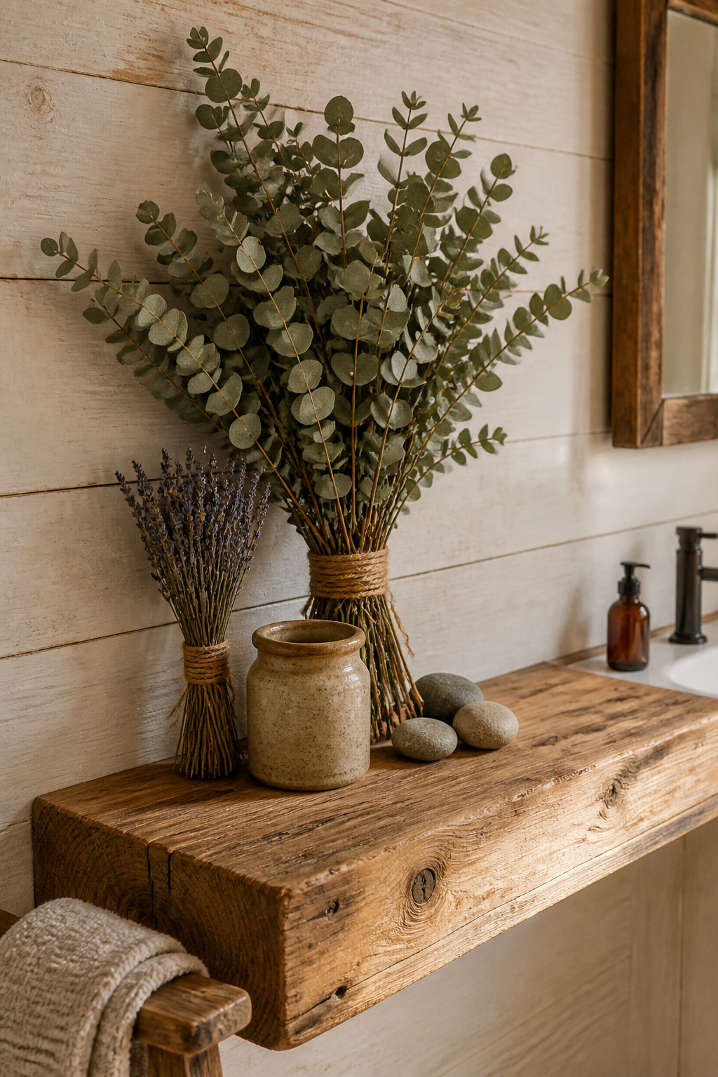 A rustic pine shelf layered with dried eucalyptus and lavender bundles bound in jute, beside a salt-glazed stoneware crock — bathroom shelf decor that delivers real aromatherapy benefits.