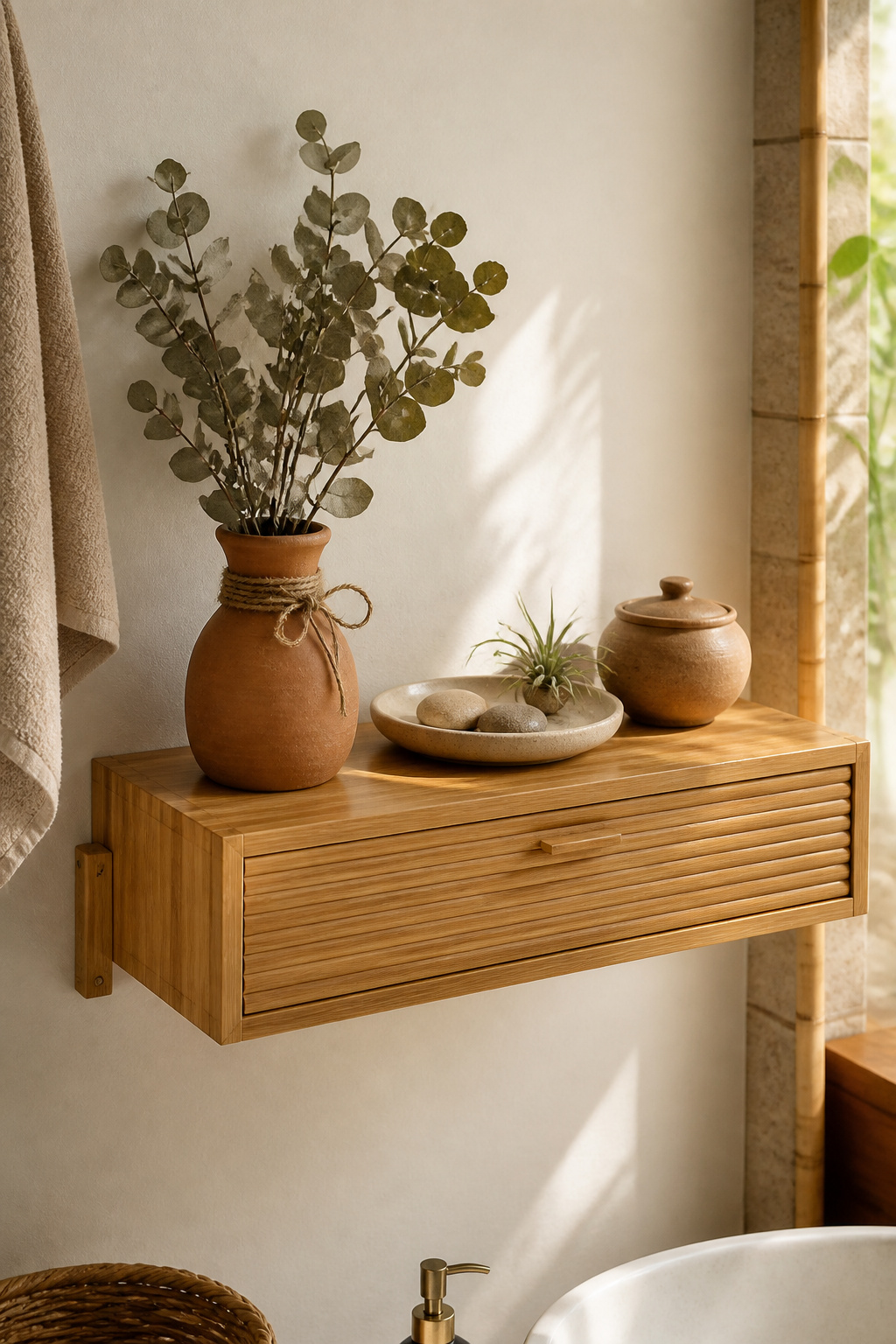 A sealed bamboo shelf styled with unglazed earthenware, dried eucalyptus bound in jute, and a tiny air plant — bathroom shelf decor that puts sustainability and beauty on an equal footing.
