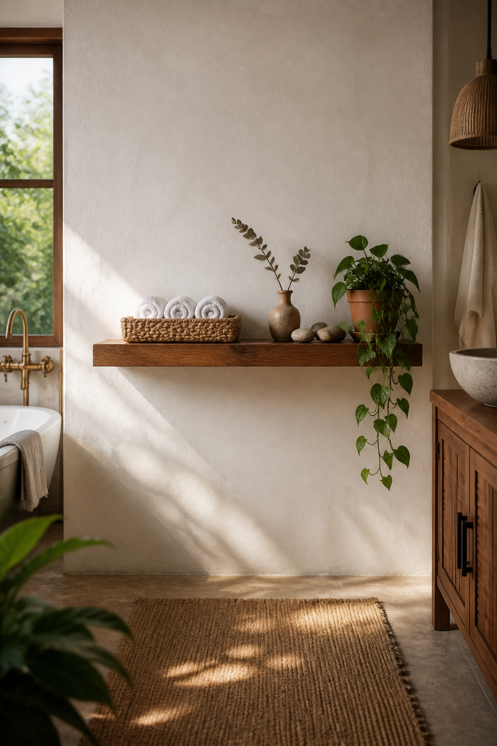 A reclaimed teak floating shelf styled with woven sea-grass baskets, organic linen, river pebbles, and a trailing golden pothos — biophilic bathroom shelf decor at its most grounding.