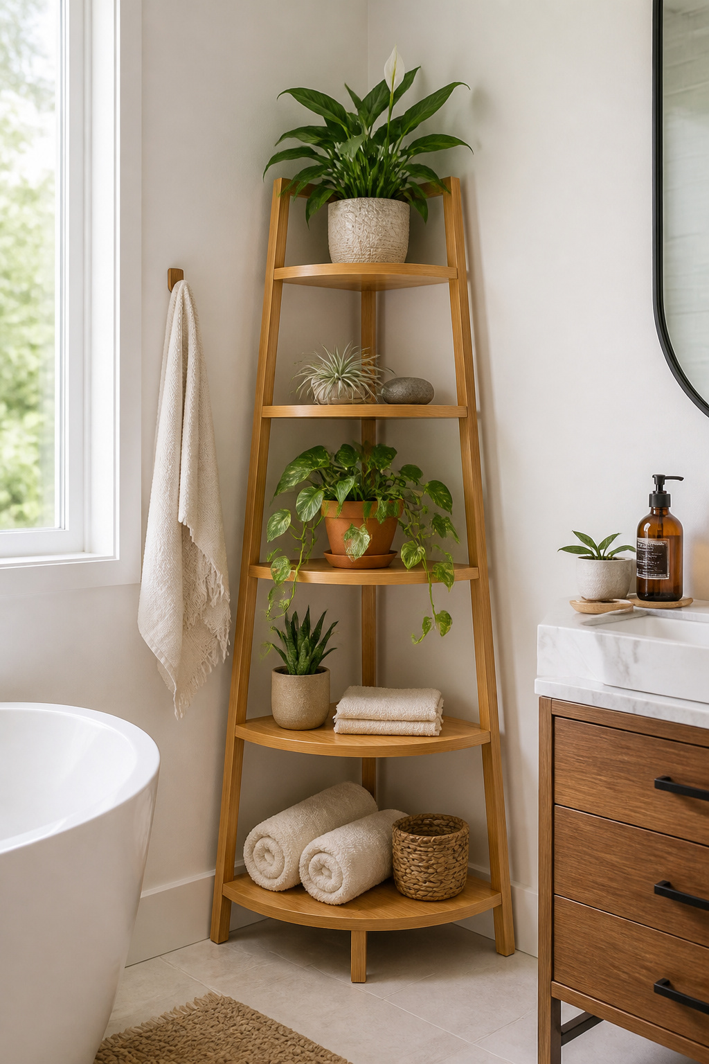 A bamboo corner ladder shelf beautifully layered with rolled organic towels, a trailing golden pothos, and a blooming peace lily — corner bathroom shelf decor that earns every inch of vertical space.