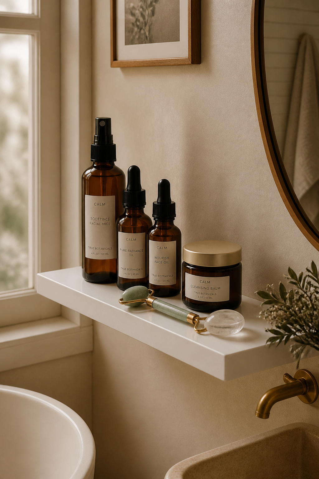 A curated skincare ritual display on a white shelf — amber glass dropper bottles, a jade roller, and clear quartz arranged by height — where the routine becomes beautiful bathroom shelf decor.