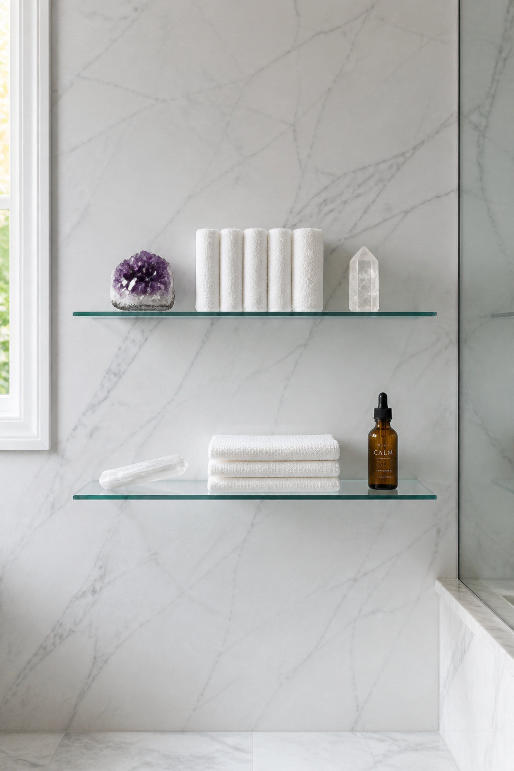 Two glass floating shelves appear to make objects hover against a marble-toned wall — amethyst, selenite, and folded white linen make this bathroom shelf decor both calming and visually sophisticated.